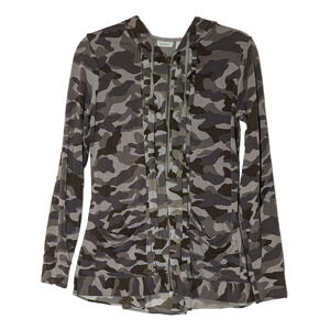 LOGO Lounge Jacket Women Size XS Camo Hood & Pockets Loose Flowy Sheer Hi Lo Hem